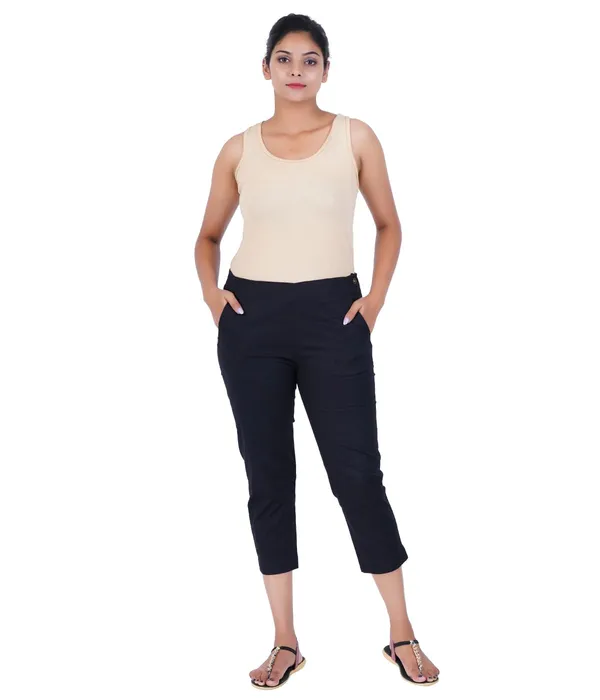 Black_Stylish_Stretch_Lycra_Cotton_Cropped_Ankle_Trousers_Pant_For_Women,_Half-Elasticated_Waist,_Side_Zipper_&_Pocket,_Straight_Fit_Smart_Wear_-_Work_Office_Outdoor