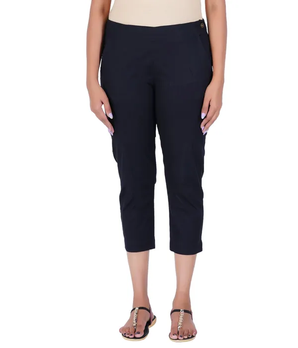 Black_Stylish_Stretch_Lycra_Cotton_Cropped_Ankle_Trousers_Pant_For_Women,_Half-Elasticated_Waist,_Side_Zipper_&_Pocket,_Straight_Fit_Smart_Wear_-_Work_Office_Outdoor