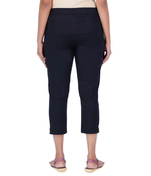 Black_Stylish_Stretch_Lycra_Cotton_Cropped_Ankle_Trousers_Pant_For_Women,_Half-Elasticated_Waist,_Side_Zipper_&_Pocket,_Straight_Fit_Smart_Wear_-_Work_Office_Outdoor