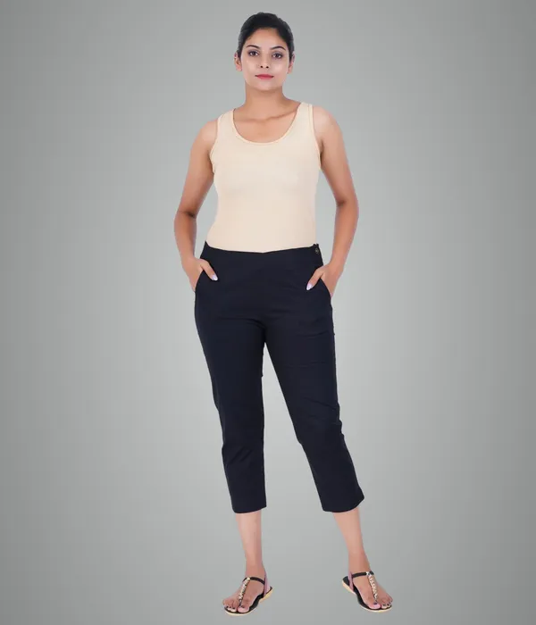Black_Stylish_Stretch_Lycra_Cotton_Cropped_Ankle_Trousers_Pant_For_Women,_Half-Elasticated_Waist,_Side_Zipper_&_Pocket,_Straight_Fit_Smart_Wear_-_Work_Office_Outdoor