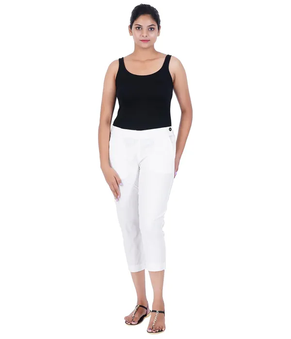 Off_White_Stylish_Stretch_Lycra_Cotton_Cropped_Ankle_Trousers_Pant_For_Women,_Half-Elasticated_Waist,_Side_Zipper_&_Pocket,_Straight_Fit_Smart_Wear_-_Work_Office_Outdoor