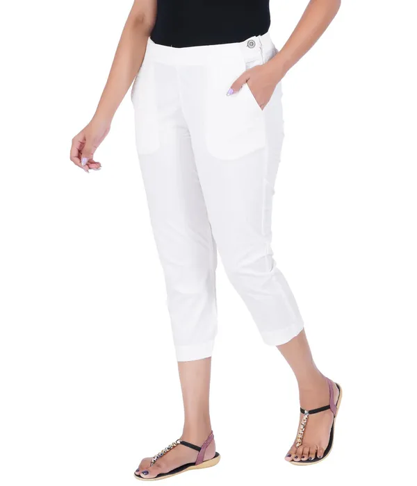 Off_White_Stylish_Stretch_Lycra_Cotton_Cropped_Ankle_Trousers_Pant_For_Women,_Half-Elasticated_Waist,_Side_Zipper_&_Pocket,_Straight_Fit_Smart_Wear_-_Work_Office_Outdoor