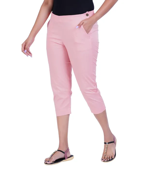 Peach_Pink_Stylish_Stretch_Lycra_Cotton_Cropped_Ankle_Trousers_Pant_For_Women,_Half-Elasticated_Waist,_Side_Zipper_&_Pocket,_Straight_Fit_Smart_Wear_-_Work_Office_Outdoor