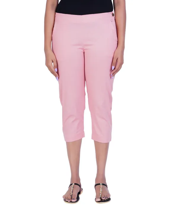 Peach_Pink_Stylish_Stretch_Lycra_Cotton_Cropped_Ankle_Trousers_Pant_For_Women,_Half-Elasticated_Waist,_Side_Zipper_&_Pocket,_Straight_Fit_Smart_Wear_-_Work_Office_Outdoor