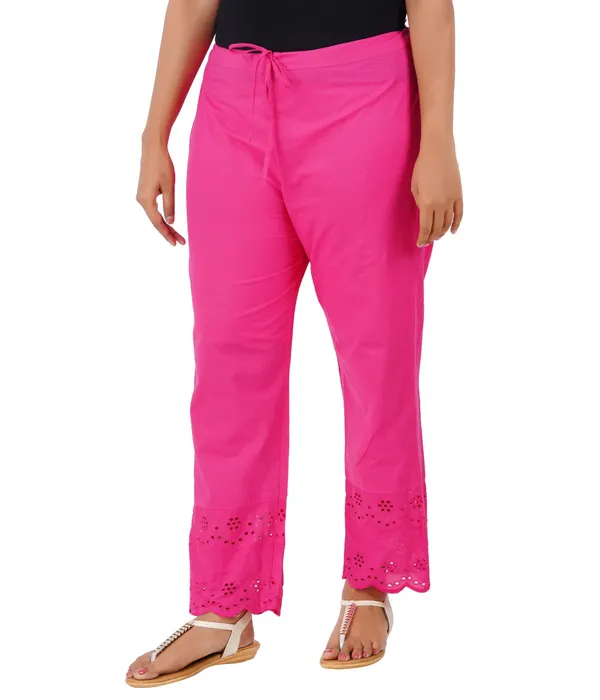 Hot_Pink_Ethnic_Hokaba_Work_100%_Cotton_Pant_For_Women,_Crafted_Stylish_Trouser,_Drawstring_Comfort_-_For_Office,_Party_&_Outdoor_Wear