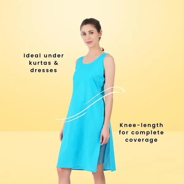 Turq_Blue_Full_Knee_Length_Cotton_Camisole_Inner_Long_Slip_For_Women_-_Firm_Not_Stretchable_Slip_Lining_For_Kurti_And_Chikankari_Suits/Tops_-_Suits_Summer_And_Winter