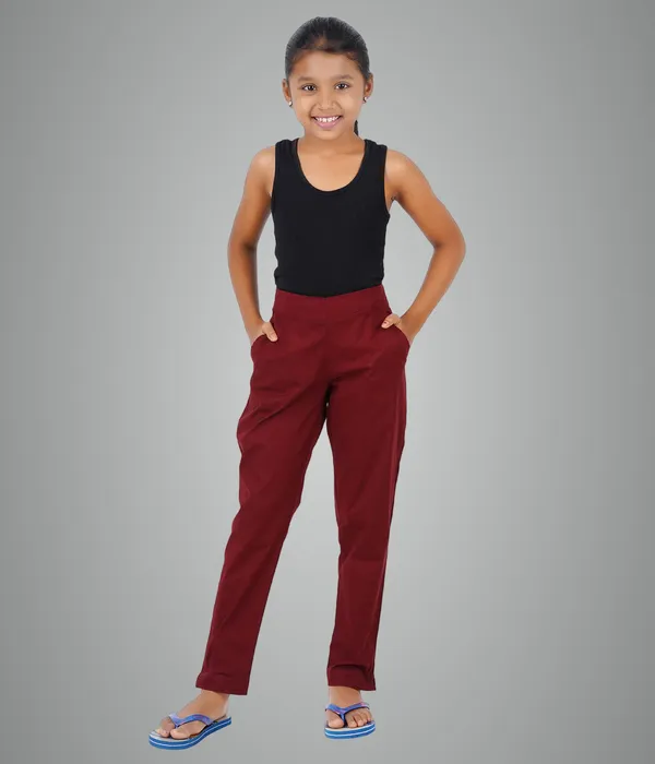 Burgundy_Maroon_Girls_Cotton_Pants_-_Stretchable_-Solid_Cigarette/Pencil_Style_-Ankle_Fit_-Outdoor_|_School_Wear