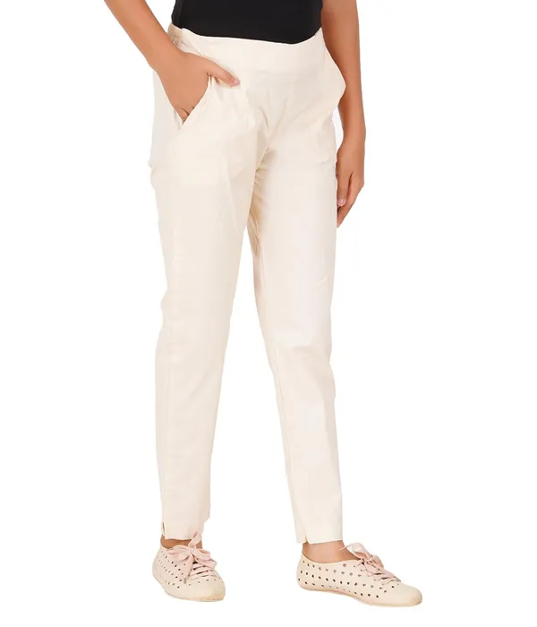 Cream_Girls_Cotton_Pants_-_Stretchable_-Solid_Cigarette/Pencil_Style_-Ankle_Fit_-Outdoor_|_School_Wear