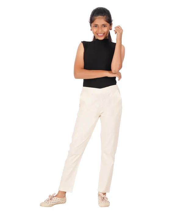 Cream_Girls_Cotton_Pants_-_Stretchable_-Solid_Cigarette/Pencil_Style_-Ankle_Fit_-Outdoor_|_School_Wear