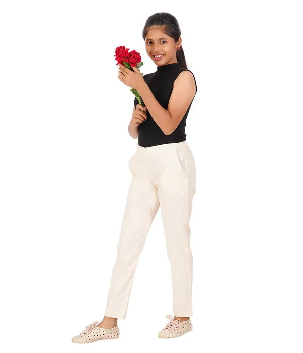 Cream_Girls_Cotton_Pants_-_Stretchable_-Solid_Cigarette/Pencil_Style_-Ankle_Fit_-Outdoor_|_School_Wear