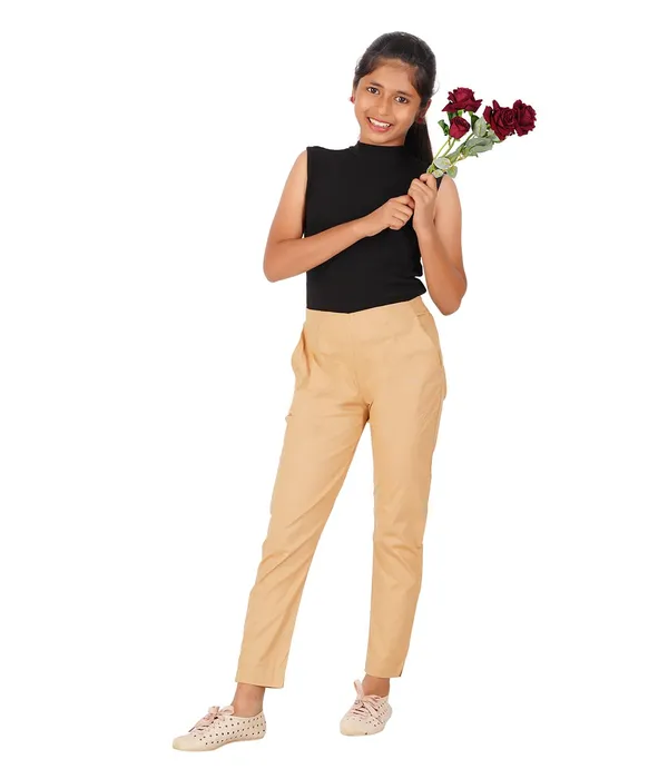 Tan_Girls_Cotton_Pants_-_Stretchable_-Solid_Cigarette/Pencil_Style_-Ankle_Fit_-Outdoor_|_School_Wear