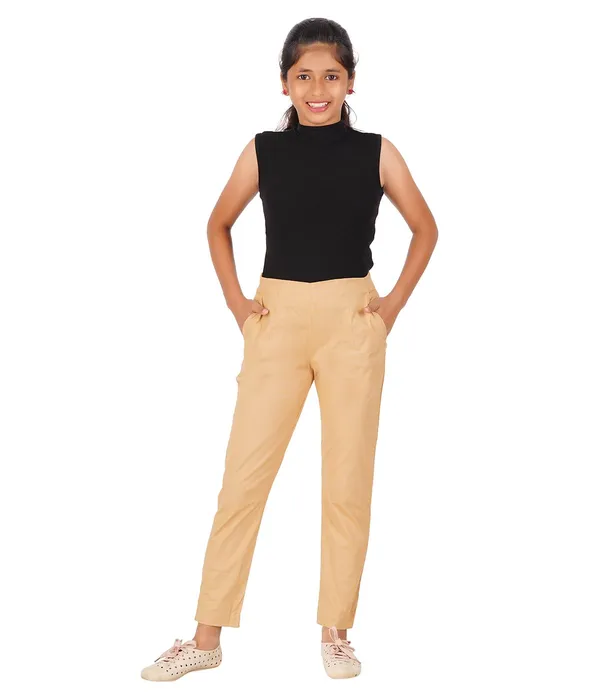 Tan_Girls_Cotton_Pants_-_Stretchable_-Solid_Cigarette/Pencil_Style_-Ankle_Fit_-Outdoor_|_School_Wear