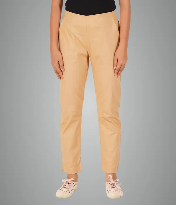 Tan_Girls_Cotton_Pants_-_Stretchable_-Solid_Cigarette/Pencil_Style_-Ankle_Fit_-Outdoor_|_School_Wear
