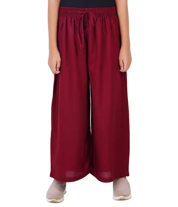 Burgundy_Maroon_Stylish_Rayon_Blend_Girls_Palazzo_Pants,_Skin_Friendly,_Party_&_Outdoor_Wear,_Solid_Flowy,_Mild_Shine_-_Regular_Fit,_Full_Length