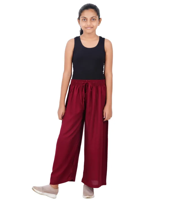 Burgundy_Maroon_Stylish_Rayon_Blend_Girls_Palazzo_Pants,_Skin_Friendly,_Party_&_Outdoor_Wear,_Solid_Flowy,_Mild_Shine_-_Regular_Fit,_Full_Length