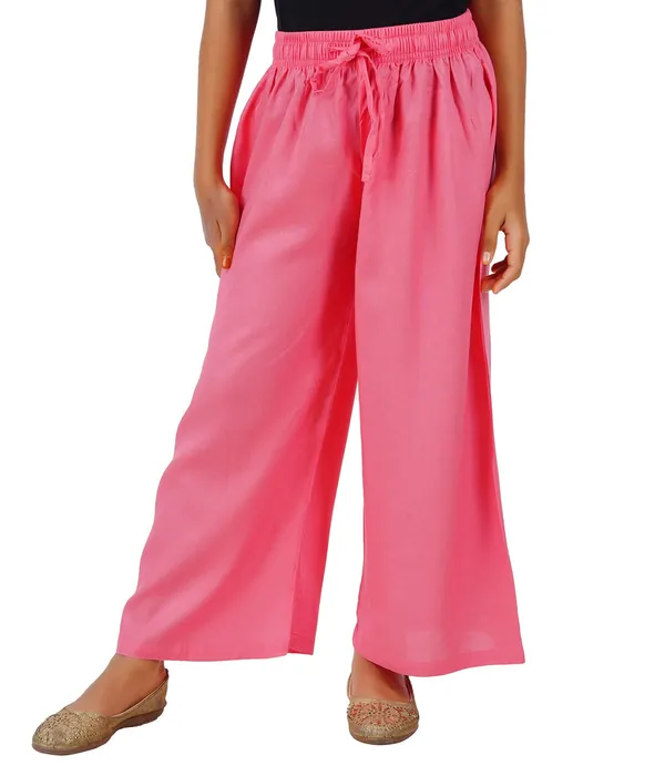 Strawberry_Pink_Stylish_Rayon_Blend_Girls_Palazzo_Pants,_Skin_Friendly,_Party_&_Outdoor_Wear,_Solid_Flowy,_Mild_Shine_-_Regular_Fit,_Full_Length