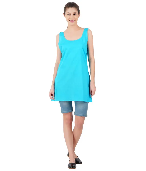 Turq_Blue_Long_Kurti_Slip_-_100%_Superfine_Cotton_-_Firm_Non_Stretchable_Women'S_Kurti_Top_Slip