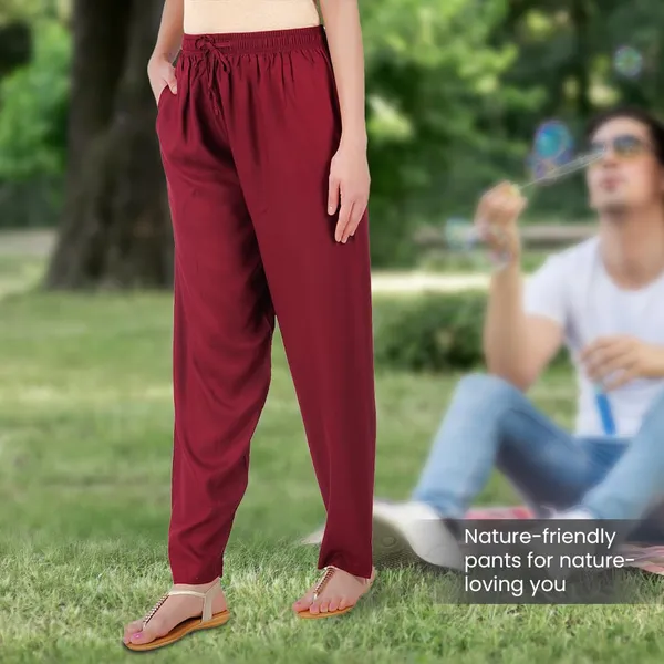 Burgundy_Maroon_Flowy_Rayon_Kurti_Pants_For_Women_Straight_Regular_Fit,_Stylish_Solid_Bottom_Wear_With_Elastic_&_Drawstring,_Side_Pocket,_Casual,_Office,_Party_&_Outdoor_Wear