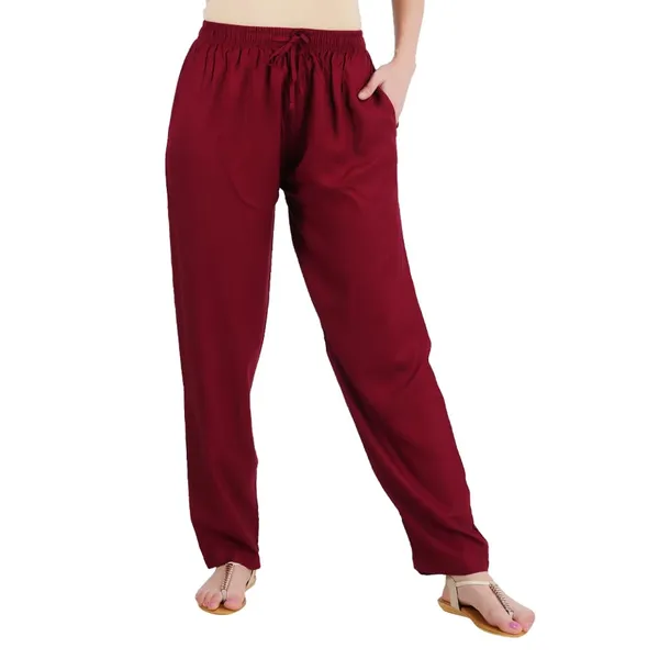 Burgundy_Maroon_Flowy_Rayon_Kurti_Pants_For_Women_Straight_Regular_Fit,_Stylish_Solid_Bottom_Wear_With_Elastic_&_Drawstring,_Side_Pocket,_Casual,_Office,_Party_&_Outdoor_Wear