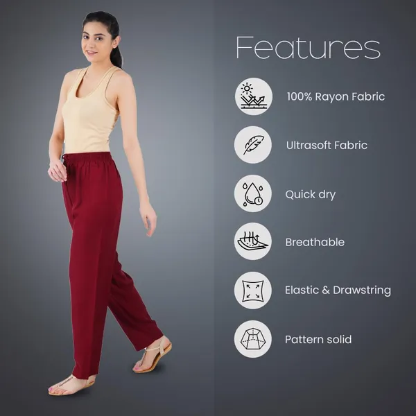 Burgundy_Maroon_Flowy_Rayon_Kurti_Pants_For_Women_Straight_Regular_Fit,_Stylish_Solid_Bottom_Wear_With_Elastic_&_Drawstring,_Side_Pocket,_Casual,_Office,_Party_&_Outdoor_Wear