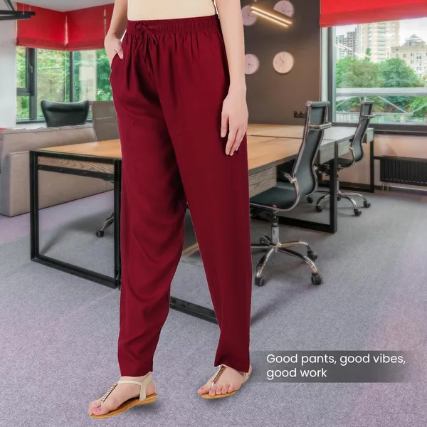 Burgundy_Maroon_Flowy_Rayon_Kurti_Pants_For_Women_Straight_Regular_Fit,_Stylish_Solid_Bottom_Wear_With_Elastic_&_Drawstring,_Side_Pocket,_Casual,_Office,_Party_&_Outdoor_Wear