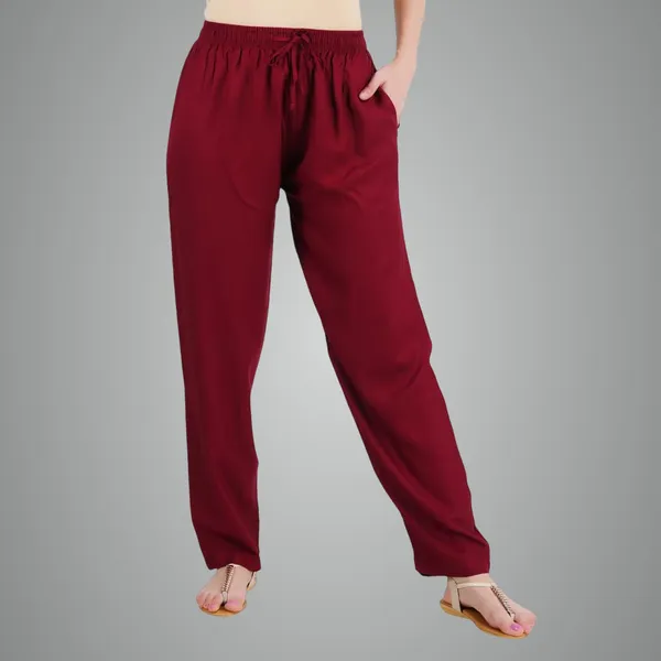 Burgundy_Maroon_Flowy_Rayon_Kurti_Pants_For_Women_Straight_Regular_Fit,_Stylish_Solid_Bottom_Wear_With_Elastic_&_Drawstring,_Side_Pocket,_Casual,_Office,_Party_&_Outdoor_Wear