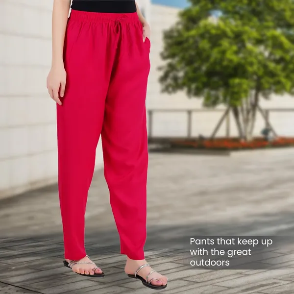 Bright_Pink_Flowy_Rayon_Kurti_Pants_For_Women_Straight_Regular_Fit,_Stylish_Solid_Bottom_Wear_With_Elastic_&_Drawstring,_Side_Pocket,_Casual,_Office,_Party_&_Outdoor_Wear