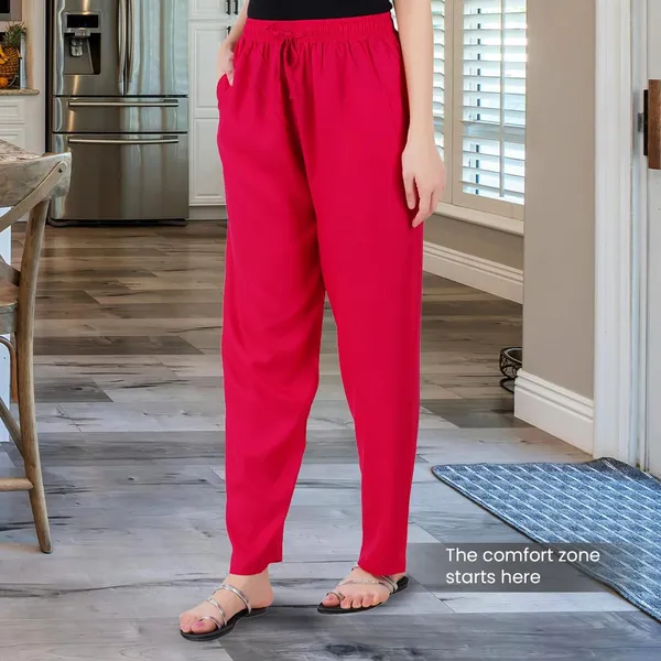 Bright_Pink_Flowy_Rayon_Kurti_Pants_For_Women_Straight_Regular_Fit,_Stylish_Solid_Bottom_Wear_With_Elastic_&_Drawstring,_Side_Pocket,_Casual,_Office,_Party_&_Outdoor_Wear