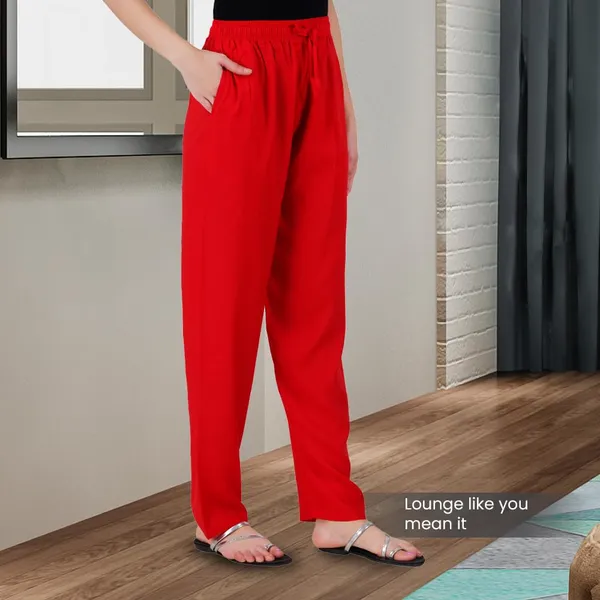 Chilly_Red_Flowy_Rayon_Kurti_Pants_For_Women_Straight_Regular_Fit,_Stylish_Solid_Bottom_Wear_With_Elastic_&_Drawstring,_Side_Pocket,_Casual,_Office,_Party_&_Outdoor_Wear
