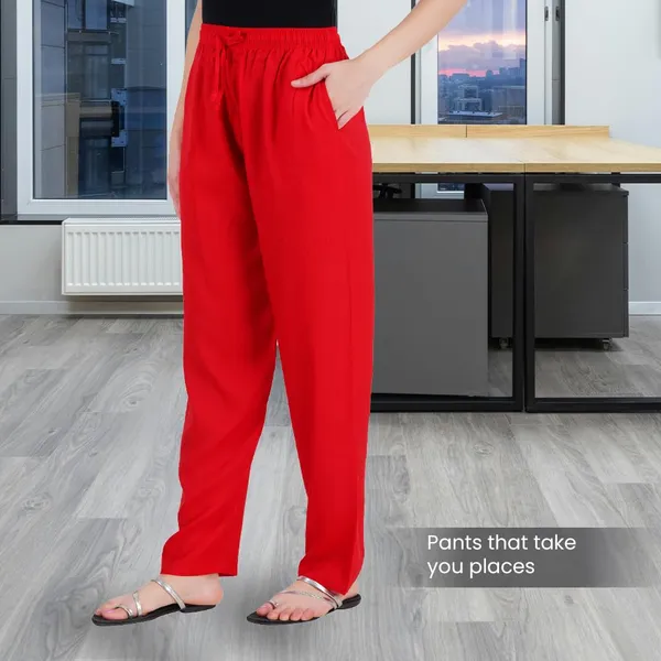 Chilly_Red_Flowy_Rayon_Kurti_Pants_For_Women_Straight_Regular_Fit,_Stylish_Solid_Bottom_Wear_With_Elastic_&_Drawstring,_Side_Pocket,_Casual,_Office,_Party_&_Outdoor_Wear