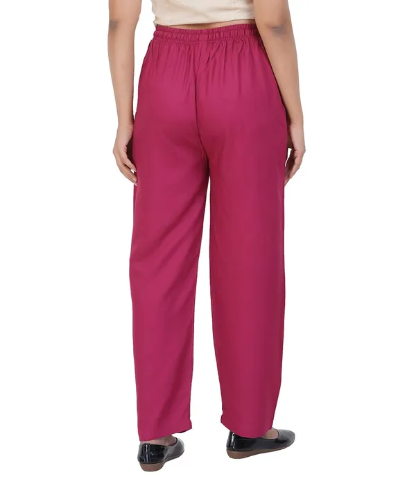 Dark_Ruby_Flowy_Rayon_Kurti_Pants_For_Women_Straight_Regular_Fit,_Stylish_Solid_Bottom_Wear_With_Elastic_&_Drawstring,_Side_Pocket,_Casual,_Office,_Party_&_Outdoor_Wear