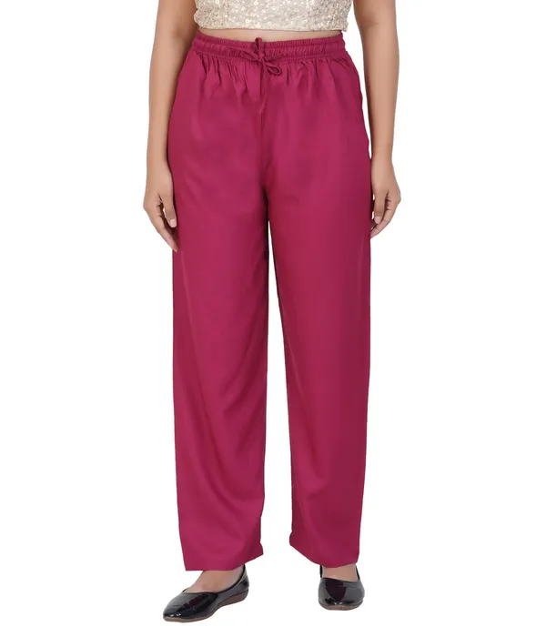 Dark_Ruby_Flowy_Rayon_Kurti_Pants_For_Women_Straight_Regular_Fit,_Stylish_Solid_Bottom_Wear_With_Elastic_&_Drawstring,_Side_Pocket,_Casual,_Office,_Party_&_Outdoor_Wear