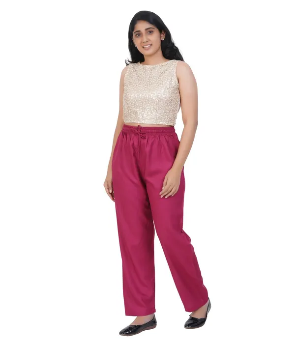 Dark_Ruby_Flowy_Rayon_Kurti_Pants_For_Women_Straight_Regular_Fit,_Stylish_Solid_Bottom_Wear_With_Elastic_&_Drawstring,_Side_Pocket,_Casual,_Office,_Party_&_Outdoor_Wear