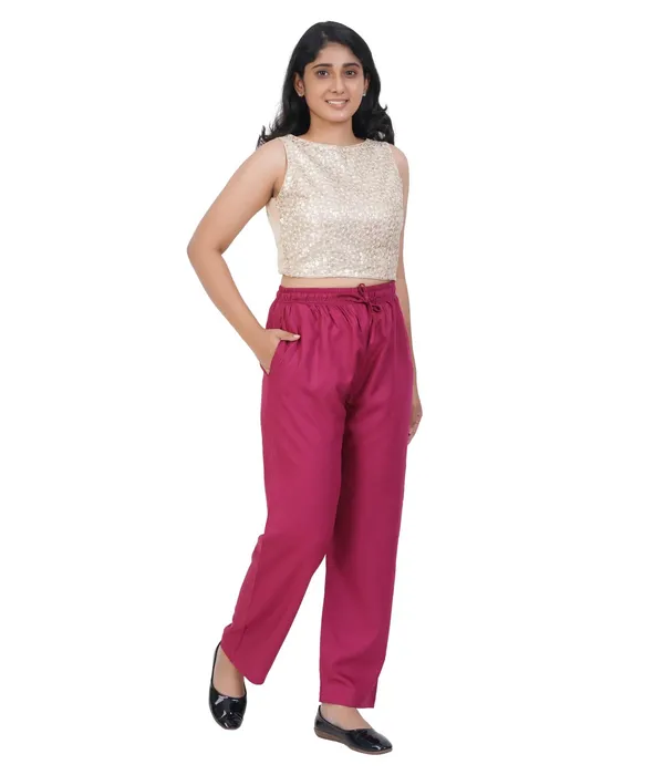 Dark_Ruby_Flowy_Rayon_Kurti_Pants_For_Women_Straight_Regular_Fit,_Stylish_Solid_Bottom_Wear_With_Elastic_&_Drawstring,_Side_Pocket,_Casual,_Office,_Party_&_Outdoor_Wear