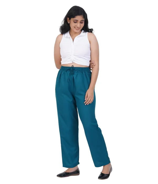 Peacock_Green_Flowy_Rayon_Kurti_Pants_For_Women_Straight_Regular_Fit,_Stylish_Solid_Bottom_Wear_With_Elastic_&_Drawstring,_Side_Pocket,_Casual,_Office,_Party_&_Outdoor_Wear