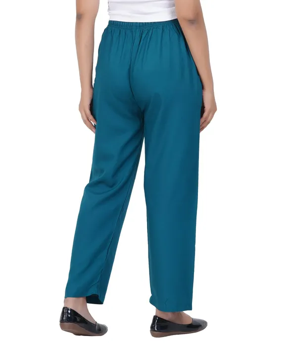 Peacock_Green_Flowy_Rayon_Kurti_Pants_For_Women_Straight_Regular_Fit,_Stylish_Solid_Bottom_Wear_With_Elastic_&_Drawstring,_Side_Pocket,_Casual,_Office,_Party_&_Outdoor_Wear