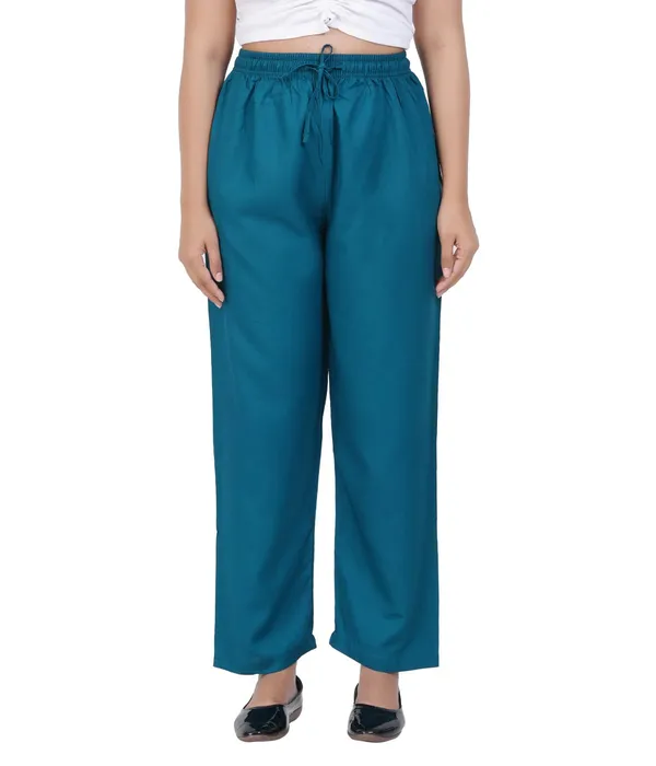 Peacock_Green_Flowy_Rayon_Kurti_Pants_For_Women_Straight_Regular_Fit,_Stylish_Solid_Bottom_Wear_With_Elastic_&_Drawstring,_Side_Pocket,_Casual,_Office,_Party_&_Outdoor_Wear