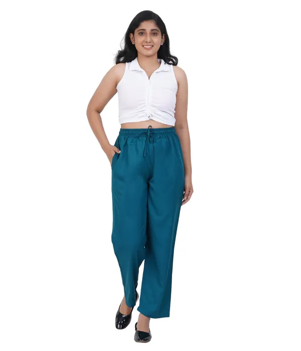 Peacock_Green_Flowy_Rayon_Kurti_Pants_For_Women_Straight_Regular_Fit,_Stylish_Solid_Bottom_Wear_With_Elastic_&_Drawstring,_Side_Pocket,_Casual,_Office,_Party_&_Outdoor_Wear
