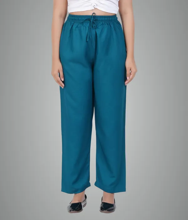 Peacock_Green_Flowy_Rayon_Kurti_Pants_For_Women_Straight_Regular_Fit,_Stylish_Solid_Bottom_Wear_With_Elastic_&_Drawstring,_Side_Pocket,_Casual,_Office,_Party_&_Outdoor_Wear