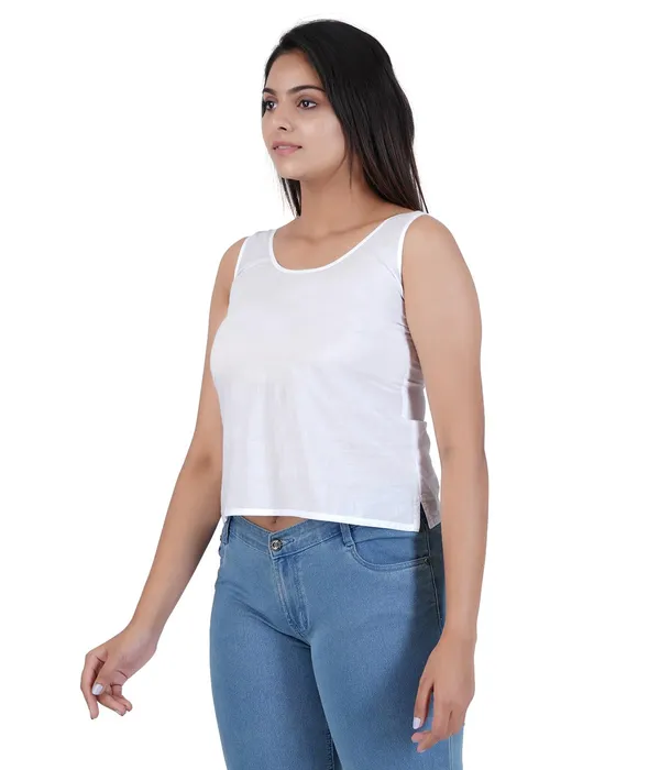 Blanco_White_Women_Waist_Length_100%_Fine_Cotton_Camisole/Slip/Inners_For_Kurti_Suit,Chikan_Tops_-_Non_Stretchable_-Solid_Side_Open_All_Day_Wear