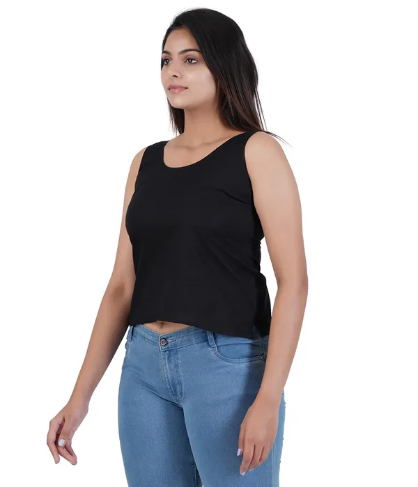 Black_Women_Waist_Length_100%_Fine_Cotton_Camisole/Slip/Inners_For_Kurti_Suit,Chikan_Tops_-_Non_Stretchable_-Solid_Side_Open_All_Day_Wear