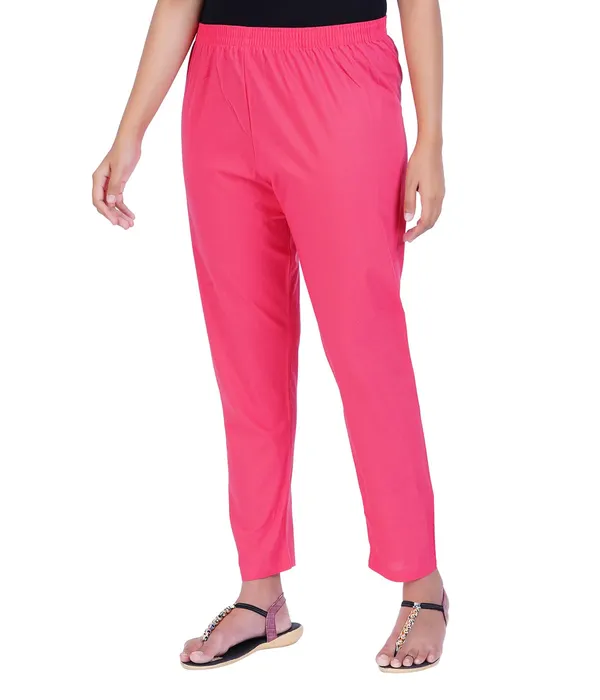 Hot_Pink_Women_100%_Cotton_Regular_Everyday_Pant_-Solid_Modern_Casual_Wear