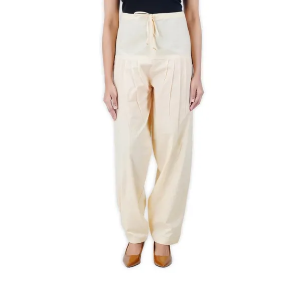 Cream_Salwar_Pant_-_Modern_Style_Pure_Cotton_For_Women_-_Ethnic_Semi_Patiala_Trouser_-_Office,Home_-_All_Day_Comfort_Wear_With_Drawstring
