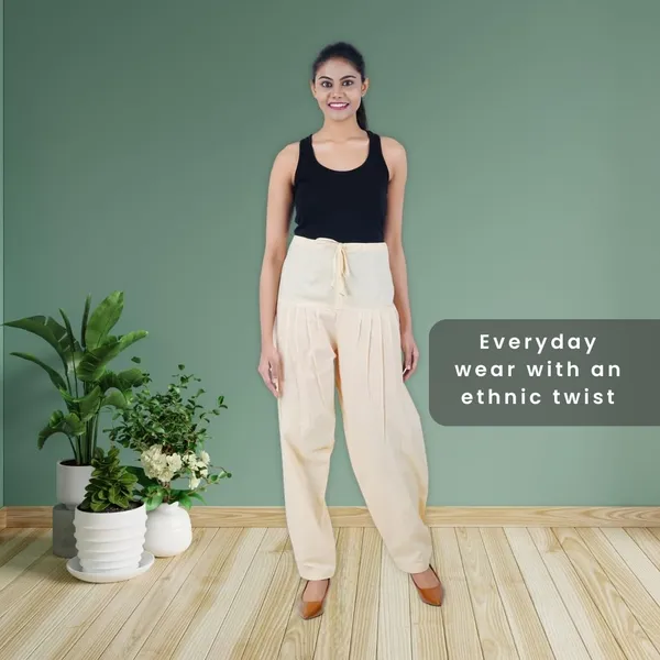 Cream_Salwar_Pant_-_Modern_Style_Pure_Cotton_For_Women_-_Ethnic_Semi_Patiala_Trouser_-_Office,Home_-_All_Day_Comfort_Wear_With_Drawstring