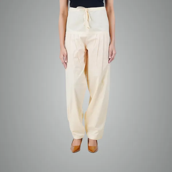 Cream_Salwar_Pant_-_Modern_Style_Pure_Cotton_For_Women_-_Ethnic_Semi_Patiala_Trouser_-_Office,Home_-_All_Day_Comfort_Wear_With_Drawstring