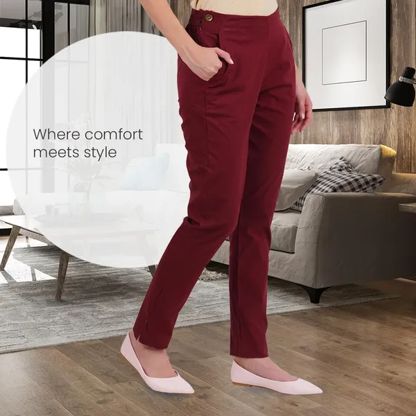 Burgundy_Maroon_Ultra_Soft_Stretchable_Lycra_Cotton_Trousers_Pant_For_Women,_Half-Elasticated_Waist,_Side_Zipper_&_Pocket,_Straight_Fit_Formal_Wear_For_Regular_Office,_Work,_College_&_Daily_Casual_Use