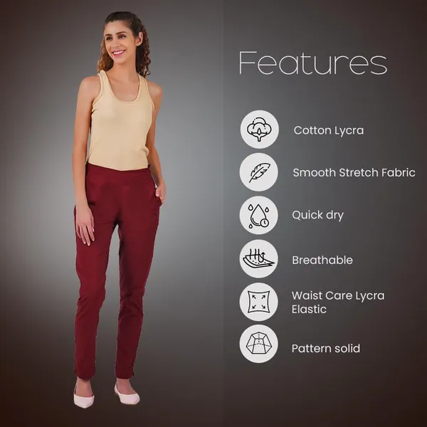 Burgundy_Maroon_Ultra_Soft_Stretchable_Lycra_Cotton_Trousers_Pant_For_Women,_Half-Elasticated_Waist,_Side_Zipper_&_Pocket,_Straight_Fit_Formal_Wear_For_Regular_Office,_Work,_College_&_Daily_Casual_Use