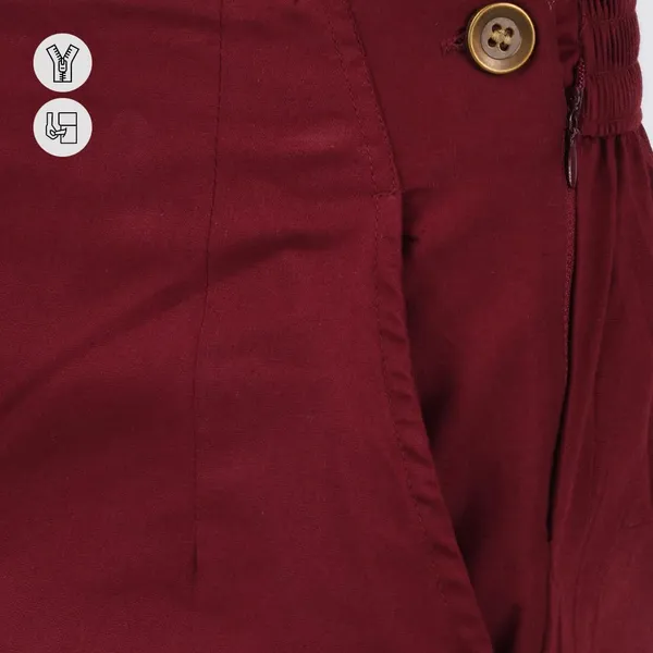 Burgundy_Maroon_Ultra_Soft_Stretchable_Lycra_Cotton_Trousers_Pant_For_Women,_Half-Elasticated_Waist,_Side_Zipper_&_Pocket,_Straight_Fit_Formal_Wear_For_Regular_Office,_Work,_College_&_Daily_Casual_Use