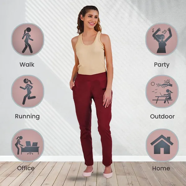 Burgundy_Maroon_Ultra_Soft_Stretchable_Lycra_Cotton_Trousers_Pant_For_Women,_Half-Elasticated_Waist,_Side_Zipper_&_Pocket,_Straight_Fit_Formal_Wear_For_Regular_Office,_Work,_College_&_Daily_Casual_Use