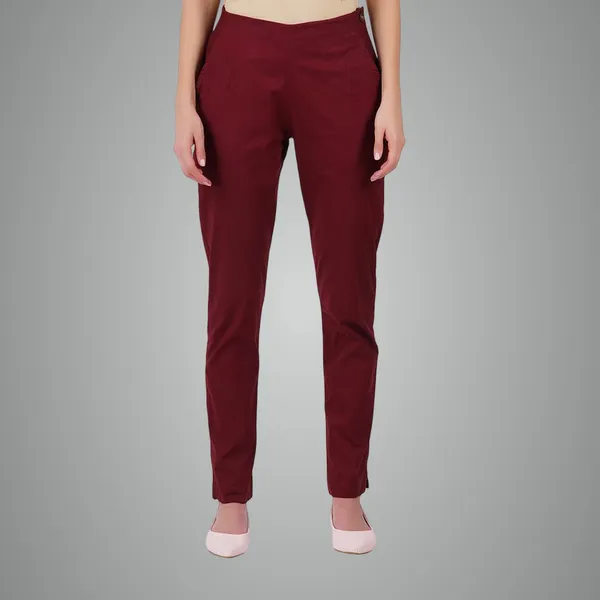 Burgundy_Maroon_Ultra_Soft_Stretchable_Lycra_Cotton_Trousers_Pant_For_Women,_Half-Elasticated_Waist,_Side_Zipper_&_Pocket,_Straight_Fit_Formal_Wear_For_Regular_Office,_Work,_College_&_Daily_Casual_Use